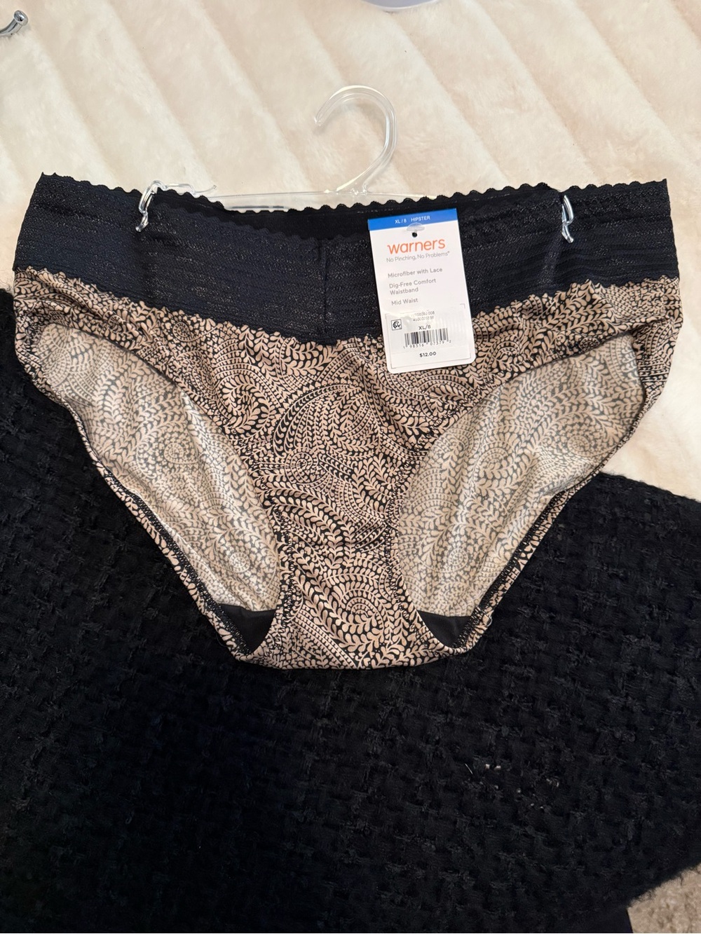 Warner's Black and Beige Lace-Trim Printed Brief Panty